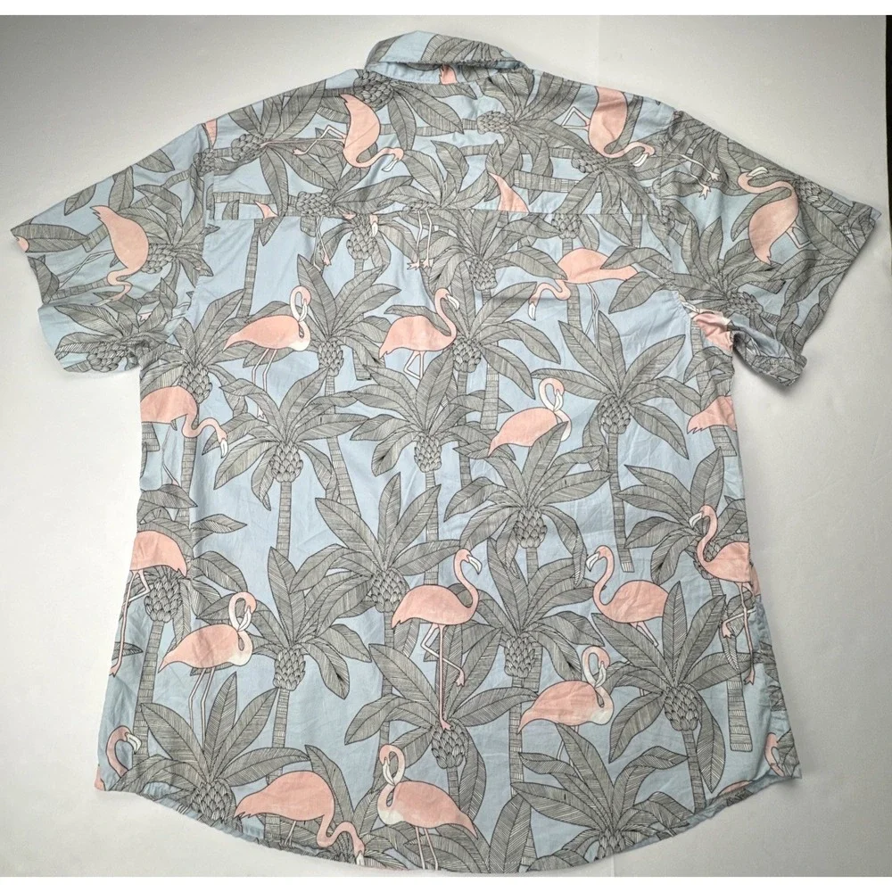 Warehouse One Flamingo Palm Tree Tropical Button Down Shirt XL Light‎ Blue Pink